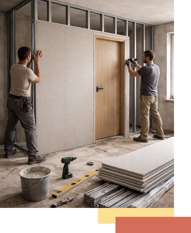 Перегородка из гипсокартона с дверью под ключ в Приморско-ахтарске