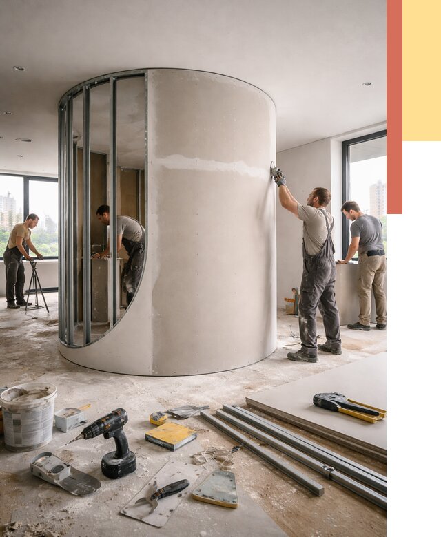 Радиусная перегородка из гипсокартона в Приморско-ахтарске от 2940 руб. под ключ | ОТДЕЛОЧНИК-Прр