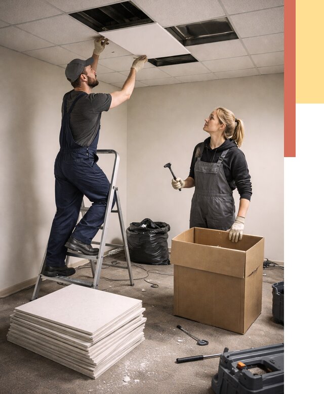 Демонтаж потолочной плитки в Приморско-ахтарске от 4562 руб. быстро и недорого | ОТДЕЛОЧНИК-Прр