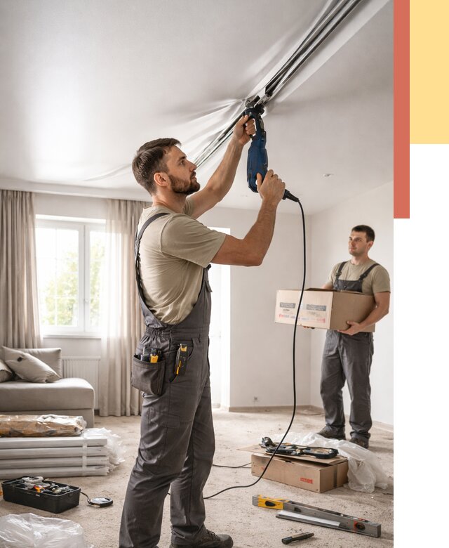 Монтаж сатинового натяжного потолка в Приморско-ахтарске от 3548 руб. | Быстро, недорого — ОТДЕЛОЧНИК-Прр