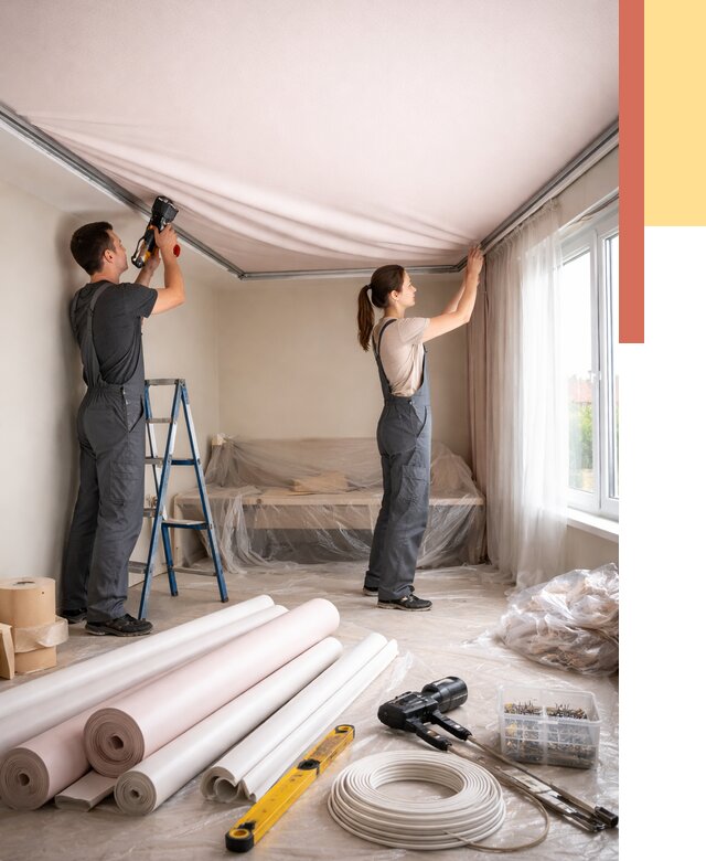 Монтаж цветного натяжного потолка в Приморско-ахтарске от 4258 руб/м² — быстро и недорого | ОТДЕЛОЧНИК-Прр