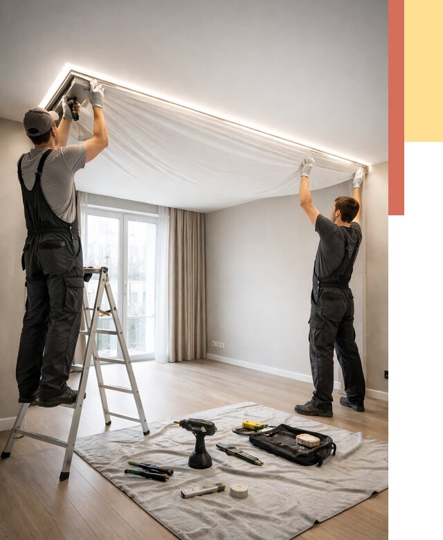 Монтаж парящего натяжного потолка в Приморско-ахтарске от 4562 руб. быстро и недорого | ОТДЕЛОЧНИК-Прр