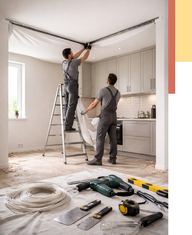 Установка натяжного потолка на кухне в Приморско-ахтарске от 2433 руб. | ОТДЕЛОЧНИК-Прр