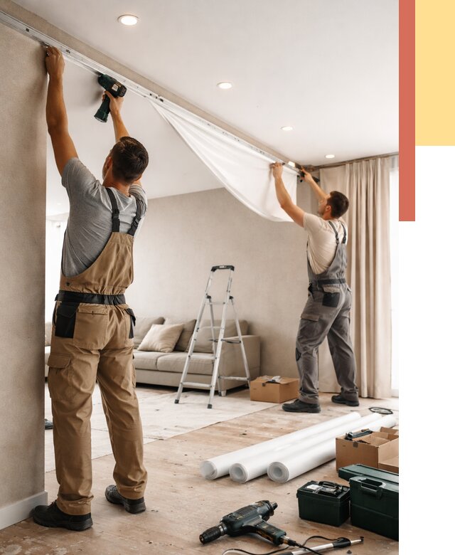 Монтаж натяжного потолка в гостиной в Приморско-ахтарске от 558 руб. | ОТДЕЛОЧНИК-Прр