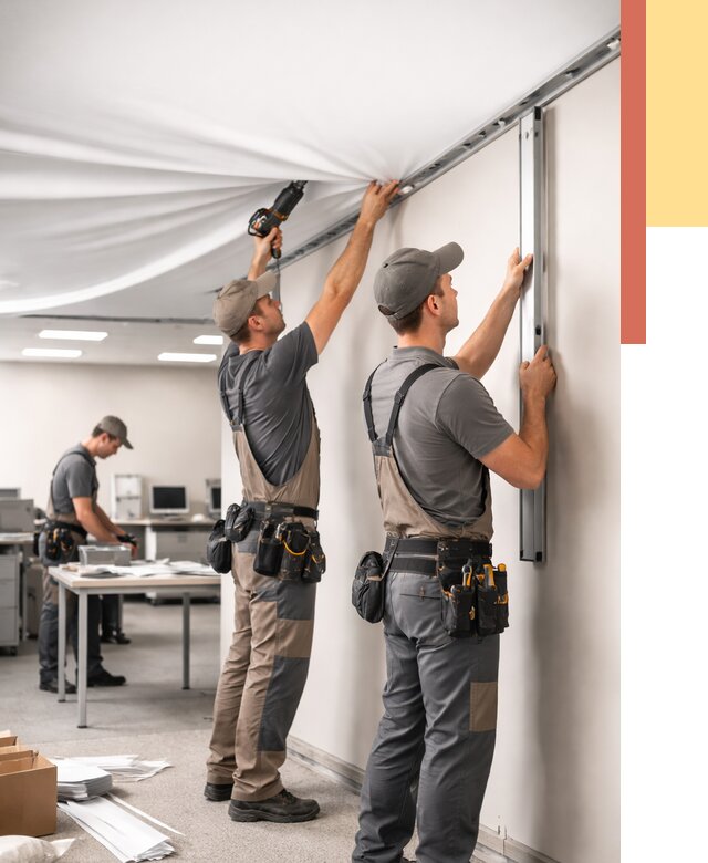 Монтаж натяжного потолка в офисе в Приморско-ахтарске от 456 руб/м² — быстро и недорого | ОТДЕЛОЧНИК-Прр